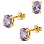 14k Gold Plated | 5x7mm Oval Prong-Set Amethyst Stone Sterling Silver Stud Earrings - e446